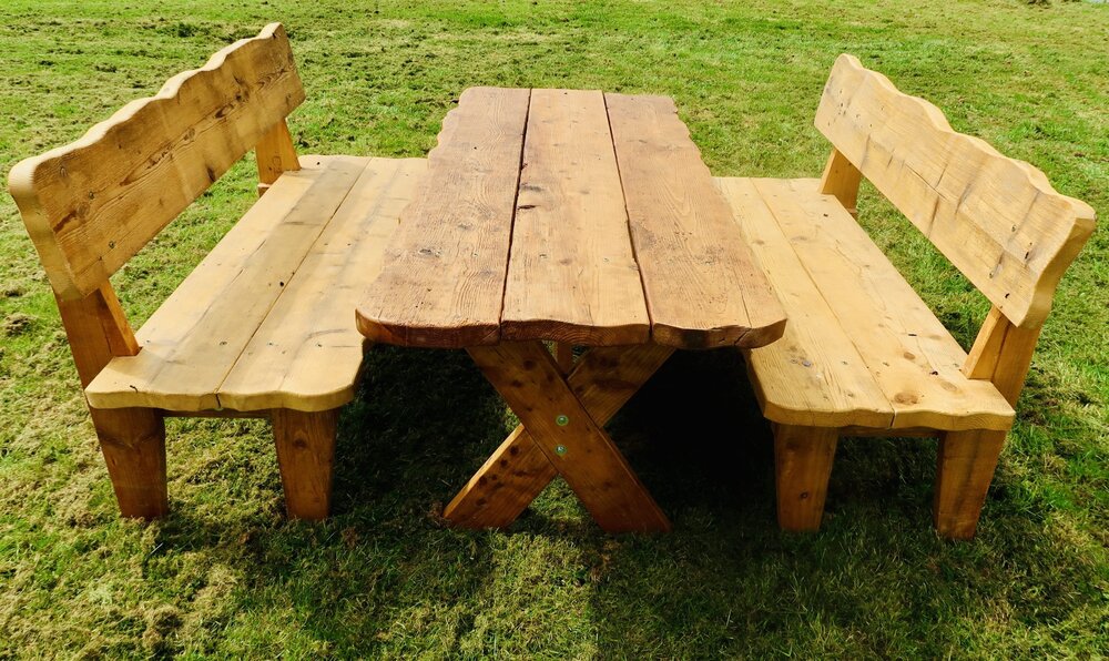 Outdoor Rustic Table With Two Benches
